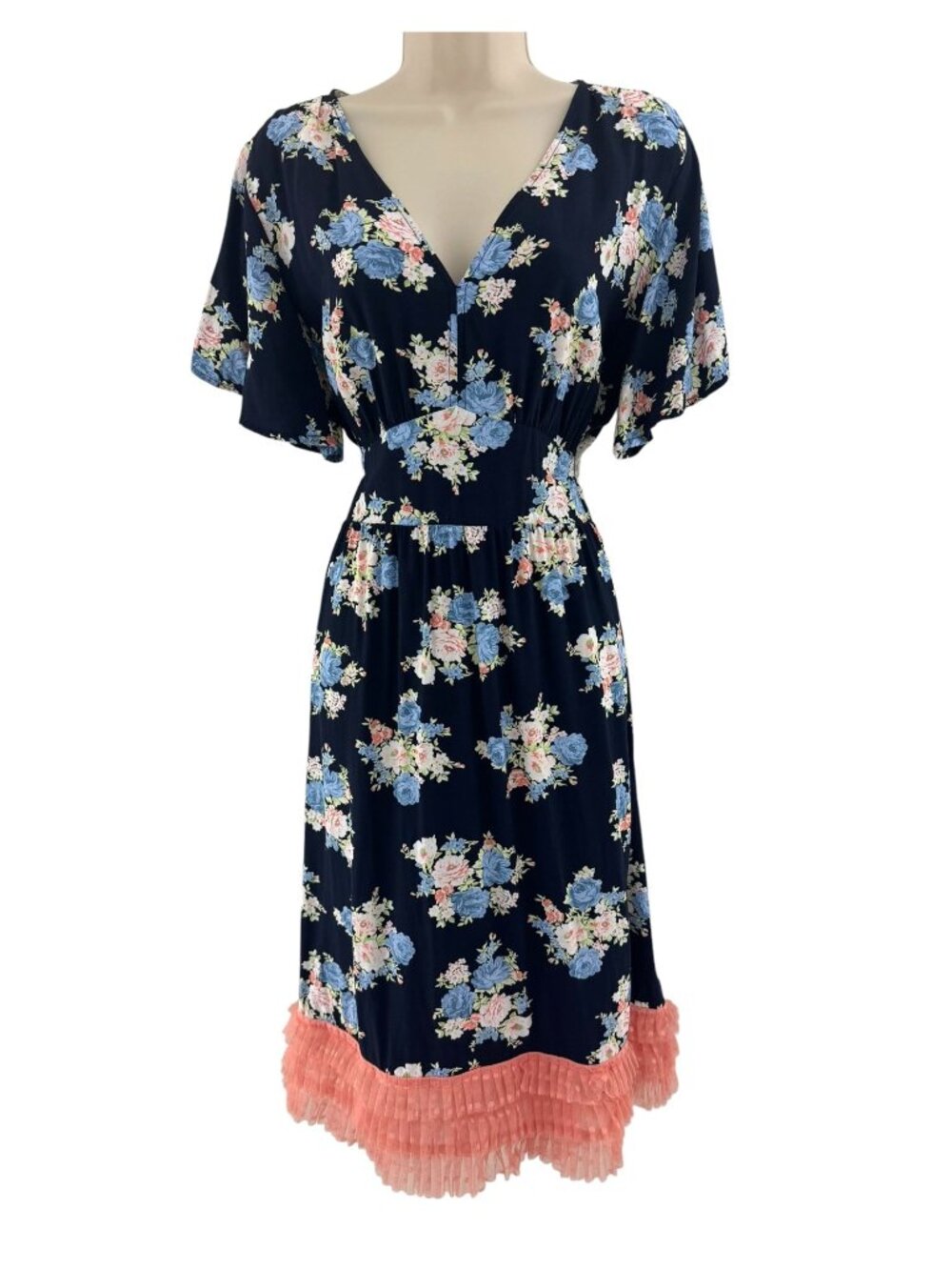 LOFT Navy Blue Floral Print V-Neck Flutter Sleeve Dress Ruffle Hem Sz 14 Pockets